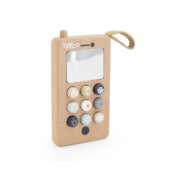Geef een leuk en leerzaam cadeau: de houten speelgoed telefoon van Tryco voor peuters.