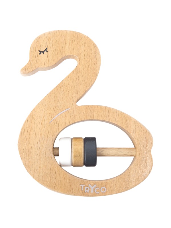 Ontdek de houten rammelaar zwaan van Tryco bij Moonwoods. Een perfect kraamcadeau!