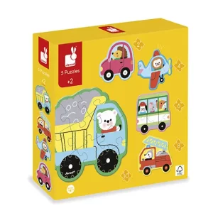 Ontdek deze vrolijke voertuigen puzzel met 5 formaten van Janod bij Moonwoods
