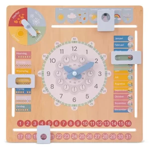Leer spelenderwijs klokkijken met de houten kalenderklok van New Classic Toys. Ontdek dagen, maanden, seizoenen, datum en het weer.