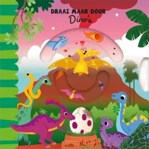 Draai maar door – Dino's van Lantaarn Publishers is een interactief kartonboek vol dinosaurussen, vrolijke rijmpjes en verrassingen. Ontdek samen!