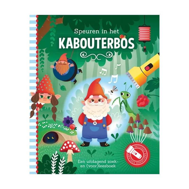 Ontdek het zaklampboek Speuren in het kabouterbos! Zoek verborgen afbeeldingen, leer over kabouters en beleef samen een interactief leesavontuur.
